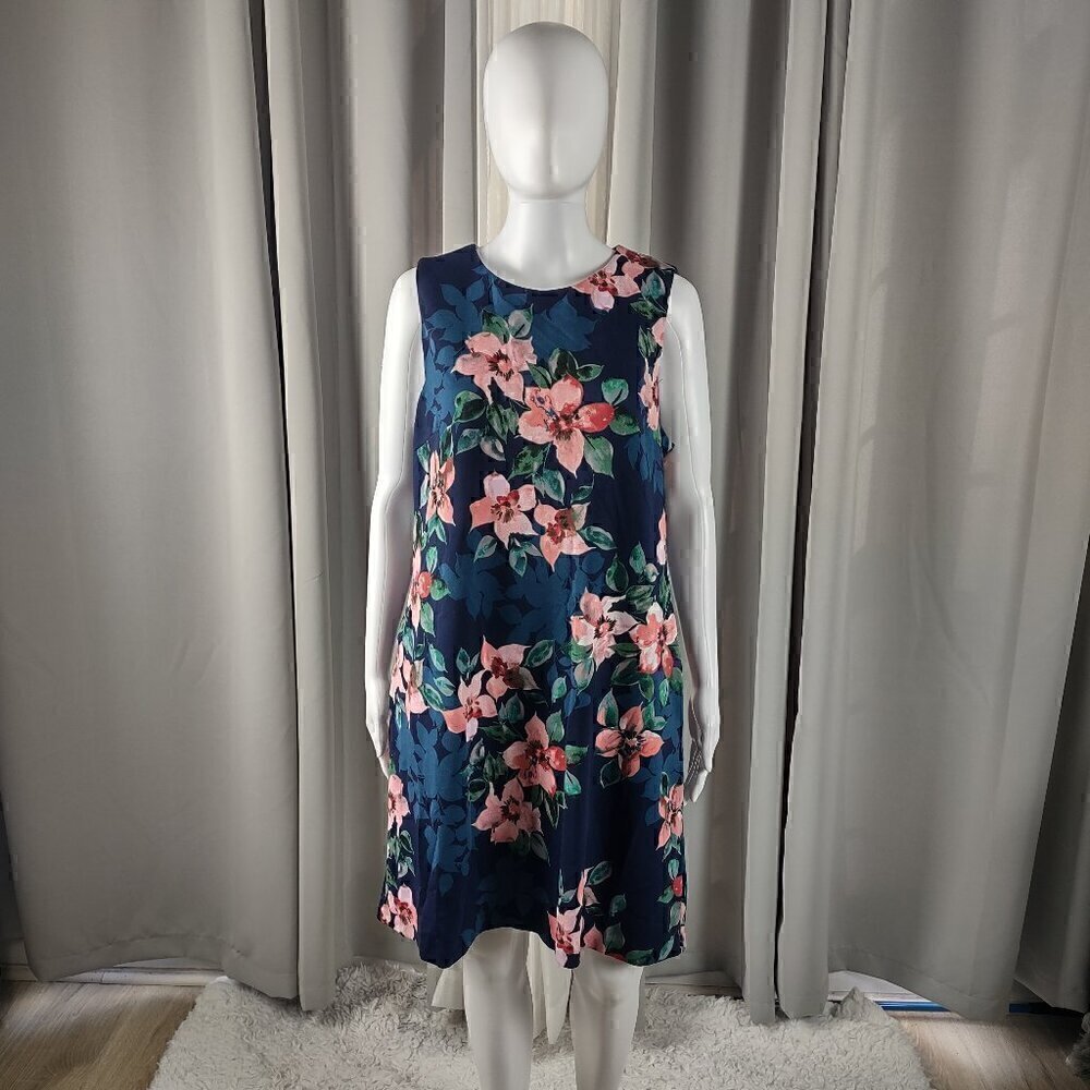 Donna Morgan Navy Blue Floral Round Neck Sleeveless Shift Back Zip Dress Size 8
